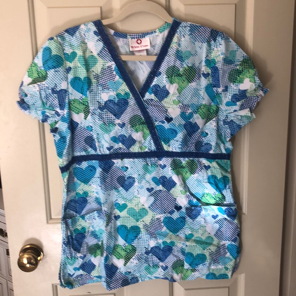 White Cross Hearts Scrub Top